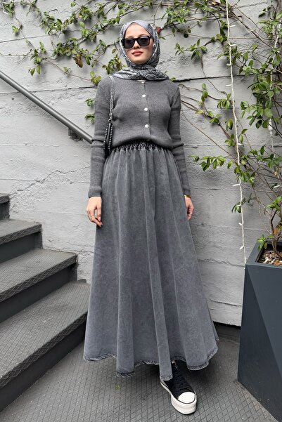 InStyle Beli Lastikli Gri Kot Etek