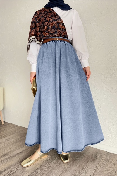 InStyle Beli Lastikli Mavi Kot Etek