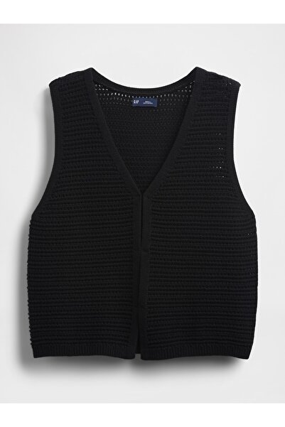 GAP Kadın Siyah 100% Pamuk Crochet Yelek