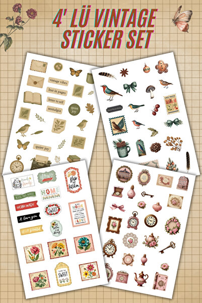 birikiyedi 4 Sayfa Vintage Sticker - Ajanda Journal Scrapbook Valiz Telefon L...