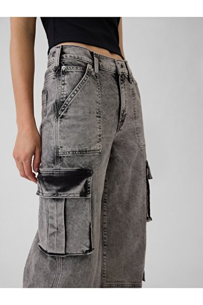 GAP Kadın Siyah Mid Rise Double Cargo '90s Loose Jean Pantolon