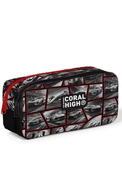 Coral High Kids Black Red Car Patterned Two Compartment Pen Bag 12120