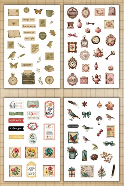 birikiyedi Vintage Sticker Set 4 Sheets - Sticker for Agenda, Journal, Scrapbook, Suitcase, Phone, Laptop