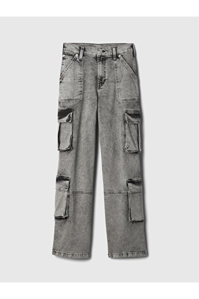 GAP Kadın Siyah Mid Rise Double Cargo '90s Loose Jean Pantolon