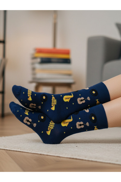 AKSU ÇORAP Musical Patterned Colorful Unisex Navy Blue Socket Socks