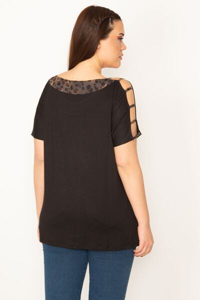 Şans Women's Large Size Black Sleeve Low-cut Collar Garni Detailed Blouse 65n32430