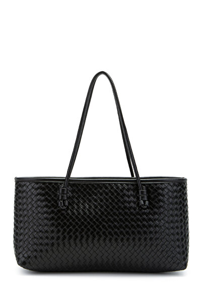 minebag Γυναικεία τσάντα ώμου Dora από συνθετικό δέρμα με πλεκτή λεπτομέρεια, μαύρη