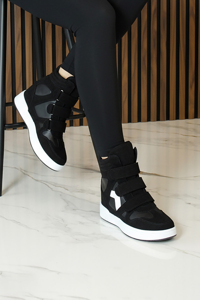 Erkan Saçmacı Talvi Siyah Beyaz Süet Yuvarlak Burun Cırt Cırtlı Gizli Dolgu Topuklu Günlük Bot