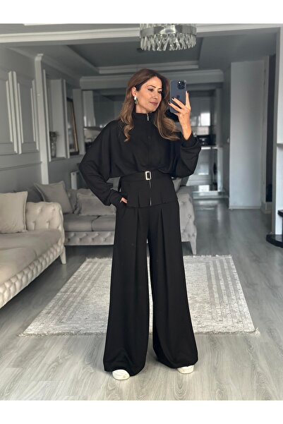 HARMONY GLOBAL Women's Black Belted Modal Fabric Two-Piece Set – Wide-Leg Pants and Zippered Top 7538