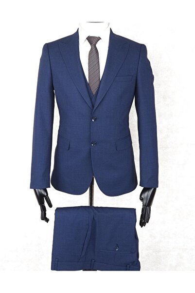 Jan Carlucci Slim Fit Sivri Yaka-Çift Yırtmaç Lacivert Drop 6 Yelekli Takım E...