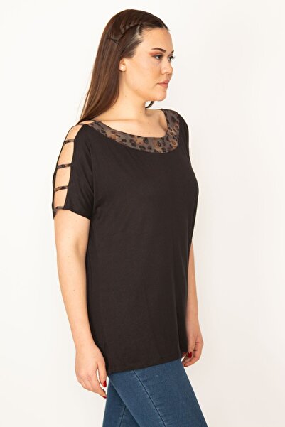 Şans Women's Large Size Black Sleeve Low-cut Collar Garni Detailed Blouse 65n32430