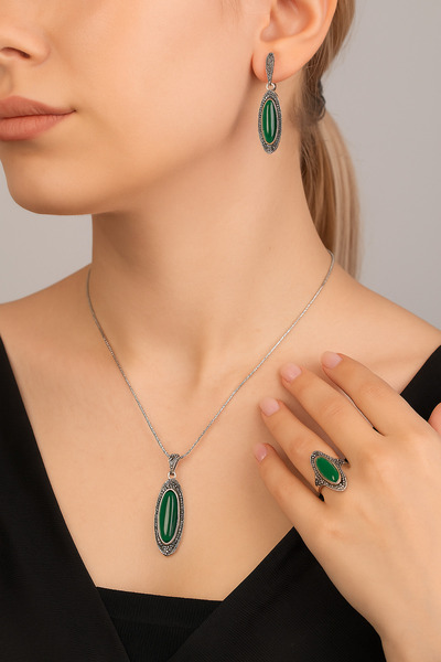 Agai Silver Mekik Model Zümrüt ve Markazit Taşlı 925 Ayar Gümüş Üçlü Set