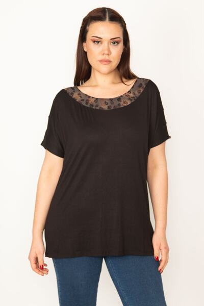 Şans Women's Large Size Black Sleeve Low-cut Collar Garni Detailed Blouse 65n32430