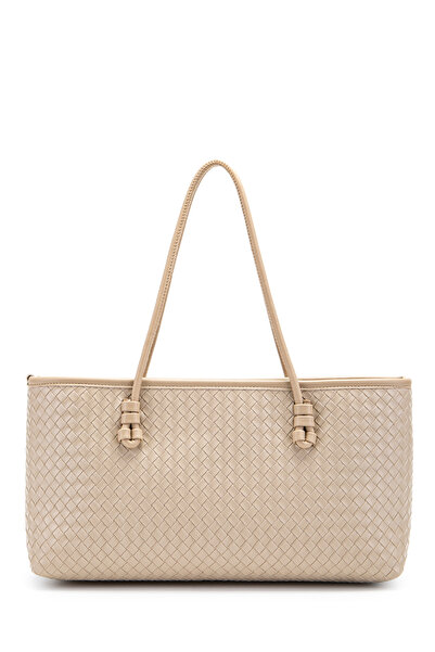 minebag Κρέμα γυναικείας τσάντας ώμου Dora από συνθετικό δέρμα με πλεκτή λεπτομέρεια