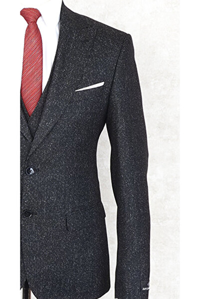 Jan Carlucci Slim Fit Sivri Yaka-Çift Yırtmaç Siyah Drop 6 Yelekli Takım Elbise
