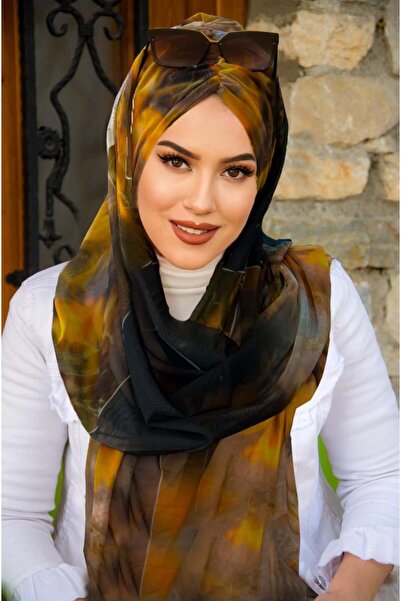 Aişe tesettür Siyah Hardal Batik Desen Hazır Şal