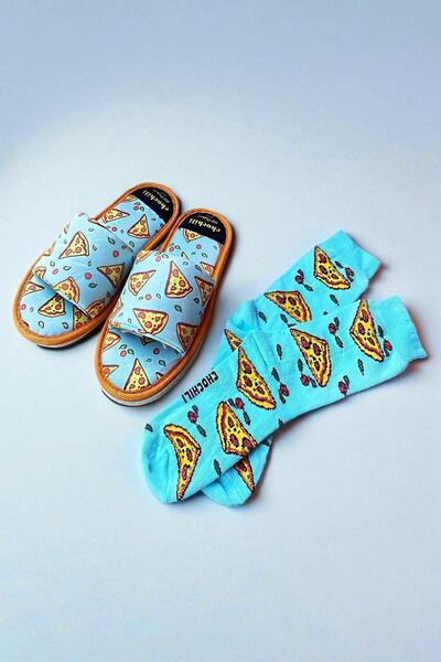 Chochili Unisex Pizza Patterned Socks and Open Front Slippers Set