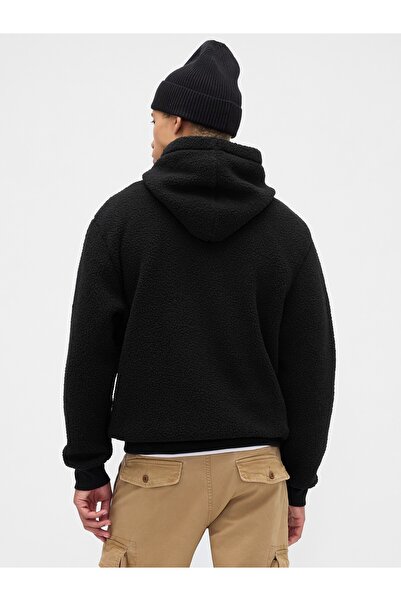GAP Erkek Siyah Relaxed Logo Sherpa Knit Sweatshirt