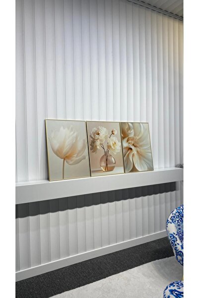 Tablomtr Sonsuz Saflık - Dijital Baskılı Gold Metal Çerçeveli Gerçek Camlı 3'lü Dekoratif Tablo