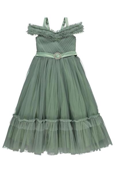 Civil Girls Yakası Fırfırlı 6-9 Yaş Abiye - Yeşil 9-10 Yaş