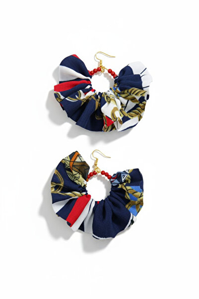 maia Navy Blue Chain Pattern Fabric Red Pearl Design Dangle Hoop Earrings