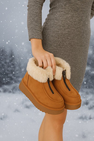 TUANA TARZ Kışın Vazgeçilmezi: Önü Fermuarlı Kalın Tabanlı Sıcak Tutacak Kürklü Şık Bot”