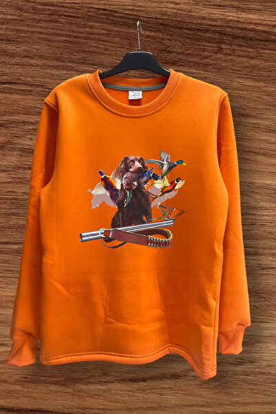 WİDİ Світшот з принтом мисливського собаки, мисливських патронів і куріпки, прямий крій, комір-стійка, помаранчевий