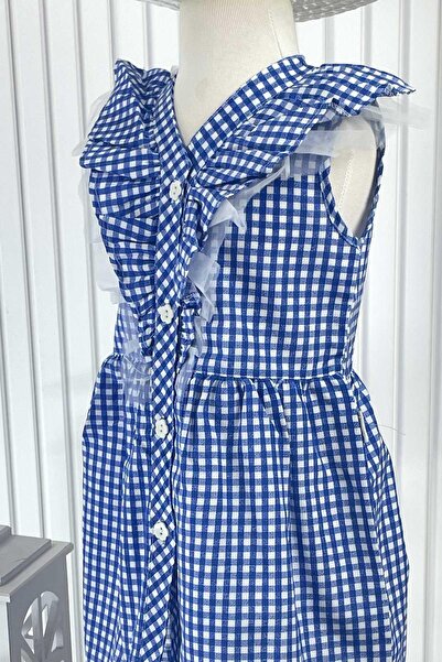 SUBU TASARIM Gingham Dress with Blue Hat - MDVK120