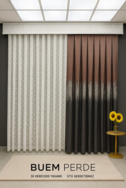 Emuz Alevli Fon Perde - Üst Kiremit - Alt Gri Fon Perde Sık Pileli ( TEK KANA...