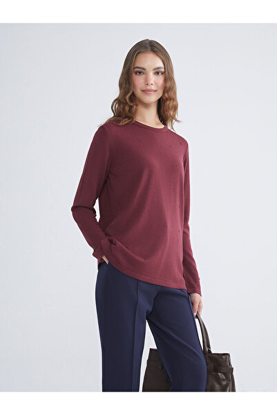 LC Waikiki Γυναικείο πλεκτό πουλόβερ με λαιμόκοψη μπορντό με αυτοσχεδιασμένο ...