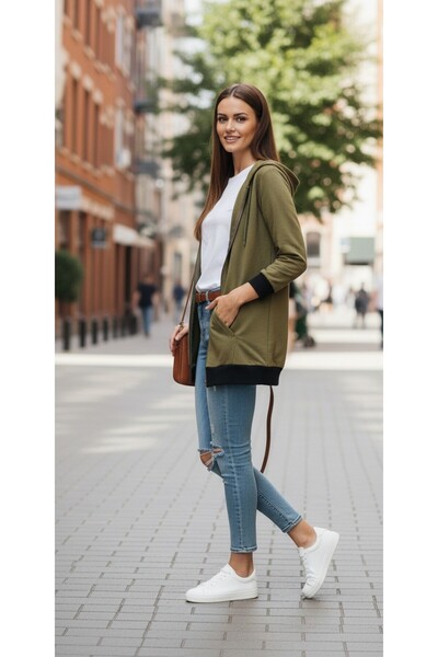 Lumora Zeytin Yeşili Fermuarlı Kapüşonlu Kadın Sweat