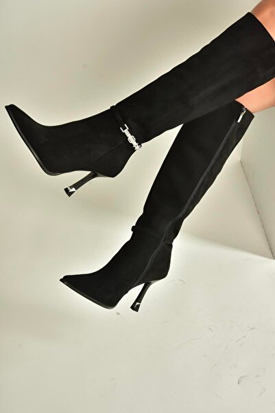 Fox Shoes V820330002 Siyah Süet İnce Topuklu Kadın Çizme
