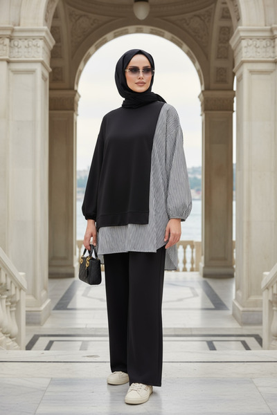 Aselim Hijap Moda Women's Hijab Suit Line Double Suit Shirt Black