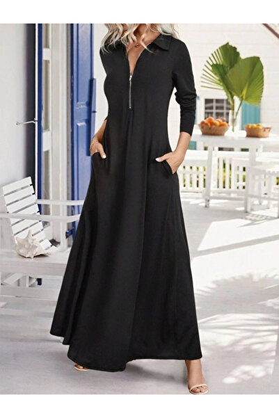 Generic Brand فستان نسائي طويل الأكمام بياقة وسحاب أمامي مصنوع من الفيسكوز بخ...