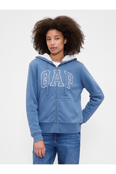 GAP Kadın Mavi Relaxed Logo Sherpa-Astarlı Fermuarlı Sweatshirt