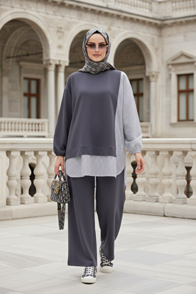 Aselim Hijap Moda Γυναικείο Σετ Hijab Line Διπλό Σετ Πουκάμισο Σκούρο Γκρι