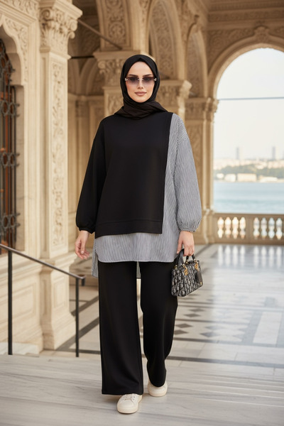 Aselim Hijap Moda Women's Hijab Suit Line Double Suit Shirt Black