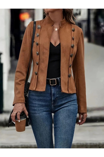 Butik Women's Long Sleeve High Collar Short Suede Jacket with Buttons on the Sides