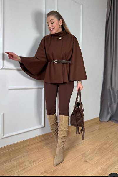 Safgiyim44 Gold Button Belt Detailed Cashmere Poncho Brown