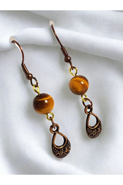 ayrestyle Kaplan Gözü & Jasper Doğal Taşlı Bohem Damla Sallantılı, Kadın 2'li Küpe Seti, Kahverengi -Kırmızı