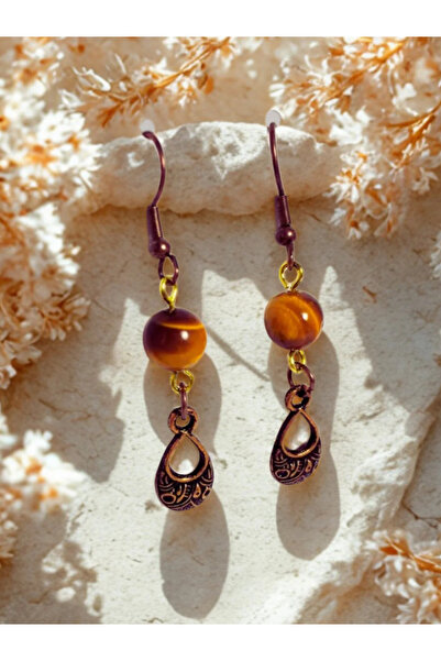 ayrestyle Kaplan Gözü & Jasper Doğal Taşlı Bohem Damla Sallantılı, Kadın 2'li Küpe Seti, Kahverengi -Kırmızı