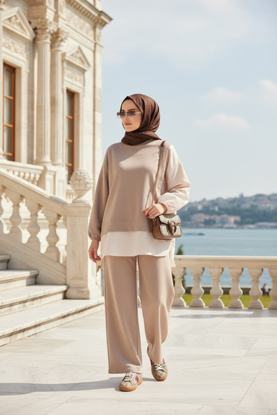 ASEL FASHİON Γυναικείο Σετ Hijab Line Διπλό Σετ Πουκάμισο Μπεζ
