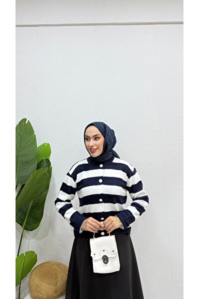modasusev Striped Knitwear Hijab Cardigan - Button Detailed