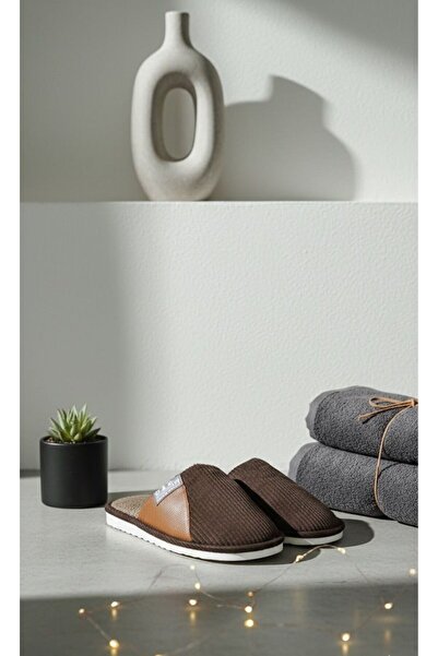 Slipcat Unisex House Slippers Non-Slip Sole Ribbed Fabric Comfortable Model Stylish and Comfortable Indoor Slippers Semi-Leather