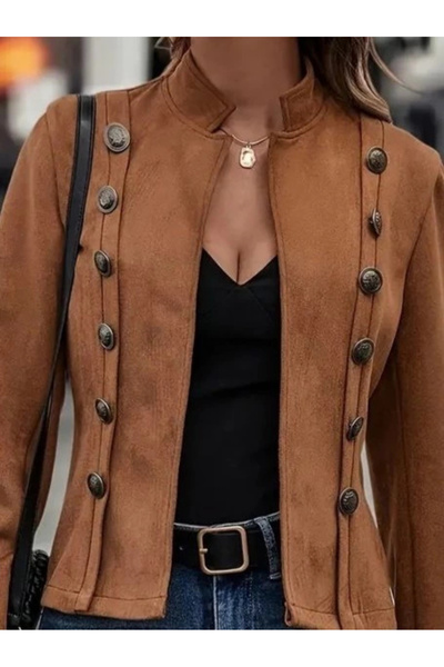 Butik Women's Long Sleeve High Collar Short Suede Jacket with Buttons on the Sides