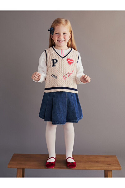 LC Waikiki Lcw Kids Beige V-Neck Patterned Girl's Knitwear Sweater