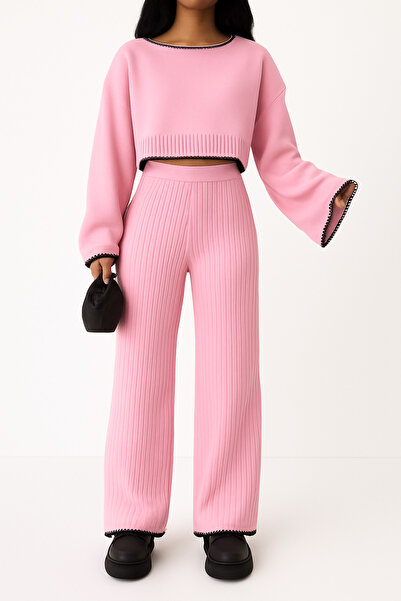 DağdevirenTkstl Shepherd Detailed Women's Pink Knitwear Set