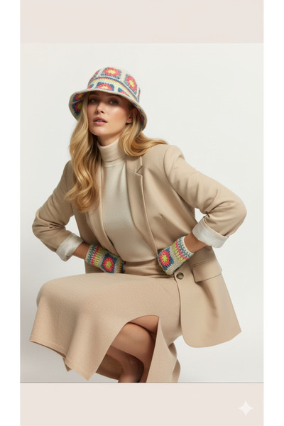 drt tasarım Flared Hat and Glove Set Beige