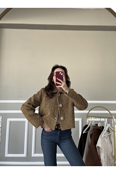 HEWES Taba Düğme Detaylı Keçe Kumaş Kısa Ceket