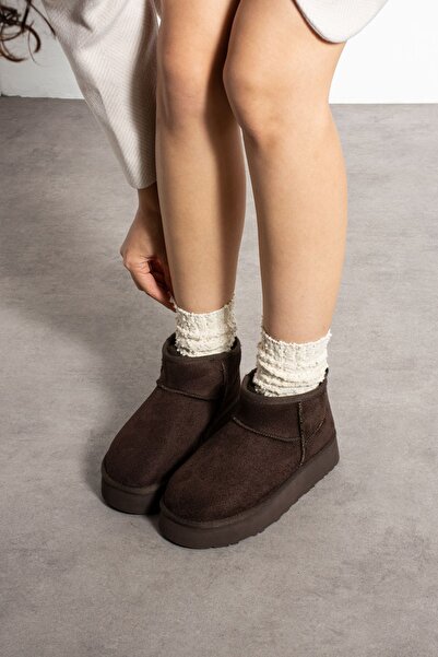 Yula Fashion Shoes Ultra Mini Acı Kahve İçi Kürklü Bot
